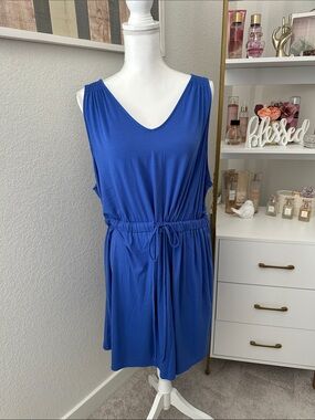 west loop Blue Drawstring V-Neck flowy dress.